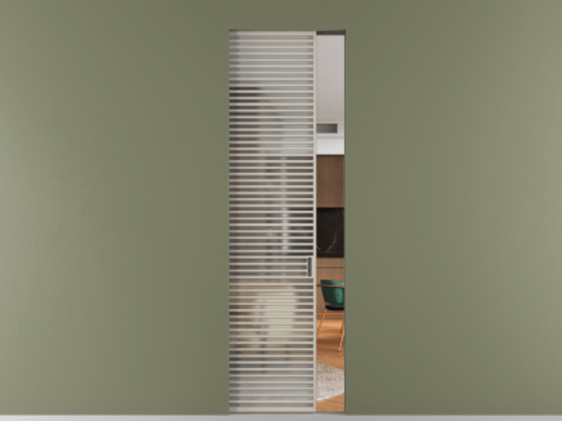 Перегородка Формато скрытый пенал 1 створка АЛПР 040.07 Алюминий светло-бежевый Сатинированное стекло "Мателюкс Кристал Вижн", калёное, матовое, каленое 6 мм Цена 240180 ₽ | Volhovec