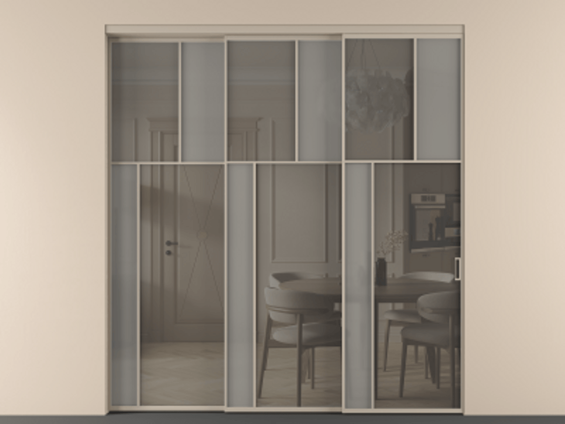 Перегородка Мозаик внутри проёма 3 створки с синхронным механизмом АЛПР 041.22 Алюминий бисквитный Сатинированное серое стекло, триплекс, 6 мм + Прозрачное серое стекло, триплекс Цена 22800 AZE | Volhovec