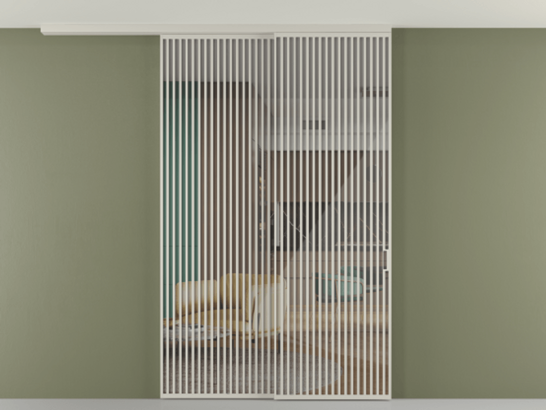 Перегородка Формато вдоль стены на потолок 2 створки с синхронным механизмом АЛПР 040.06 Алюминий тёплый серый Рефлективное прозрачное стекло "Стопсол", калёное Цена 28280 AZE | Volhovec