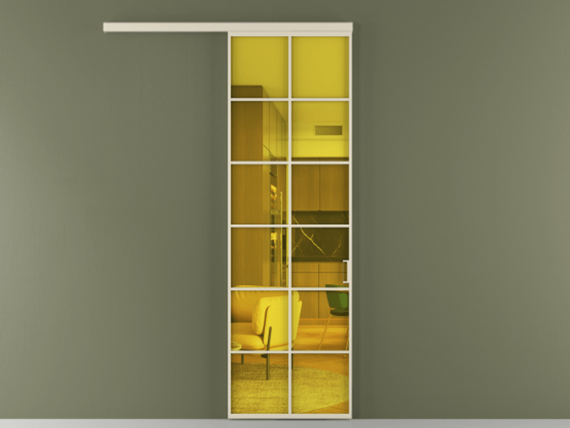 Перегородка Formato вдоль стены 1 створка АЛПР 040.05 Алюминий бежево-серый Прозрачное жёлтое стекло, триплекс Цена 6700 AZE  | Volhovec