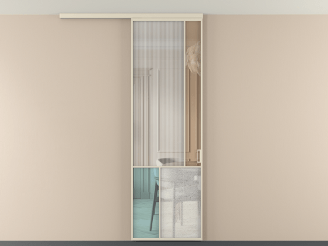 Перегородка Мозаик вдоль стены на потолок 1 створка АЛПР 041.21 Алюминий бежево-серый Комбинация стекол Группы 1 и Группы 3 Цена 7400 AZE | Volhovec