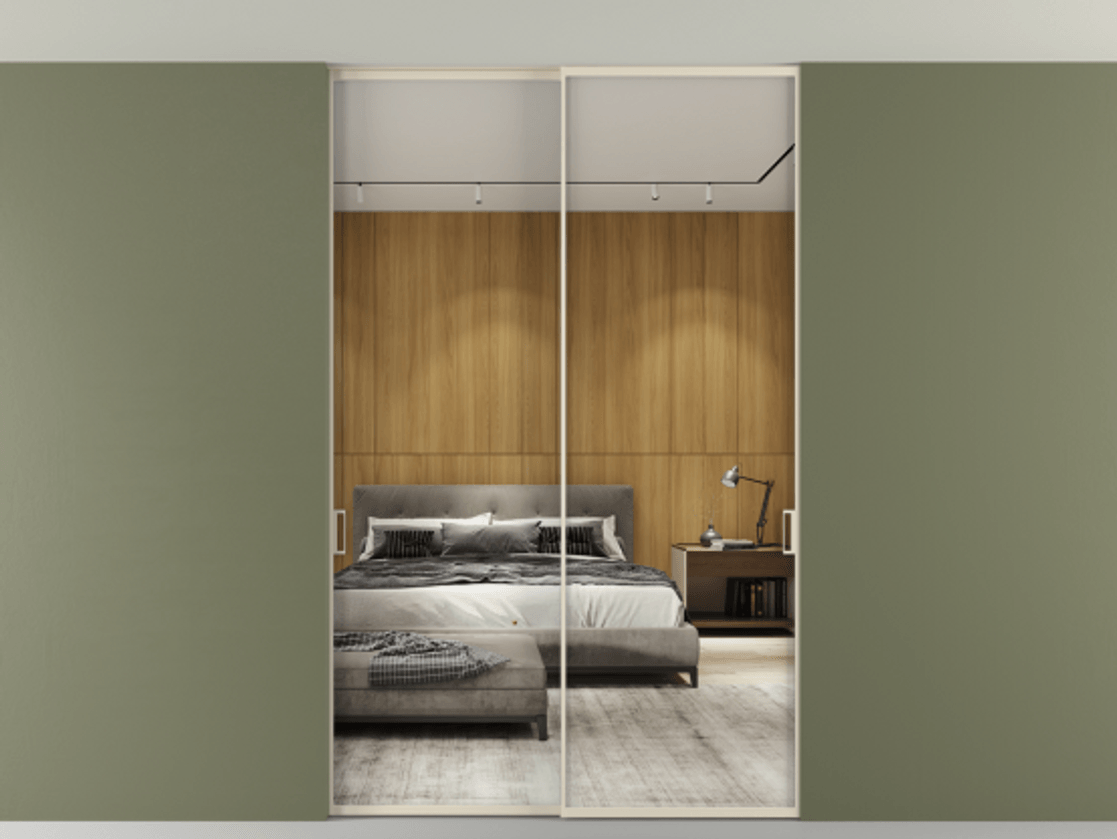 Перегородка Формато внутри проёма скрытое крепление в потолок 2 створки АЛПР 040.01 Алюминий бежево-серый Двустороннее зеркало, триплекс , триплекс 6 мм Цена 12470 AZE | Volhovec