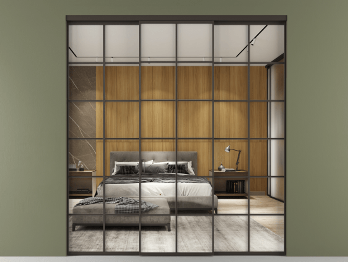 Перегородка Формато внутри проёма 3 створки АЛПР 040.05 Алюминий антрацит Двустороннее зеркало, триплекс , триплекс 6 мм Цена 13280 AZE | Volhovec