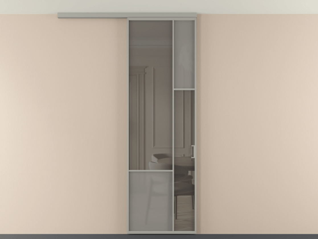 Перегородка Мозаик вдоль стены на потолок 1 створка АЛПР 041.12 Алюминий нейтральный серый Сатинированное серое стекло, триплекс, 6 мм + Прозрачное серое стекло, триплекс Цена 7040 AZE | Volhovec