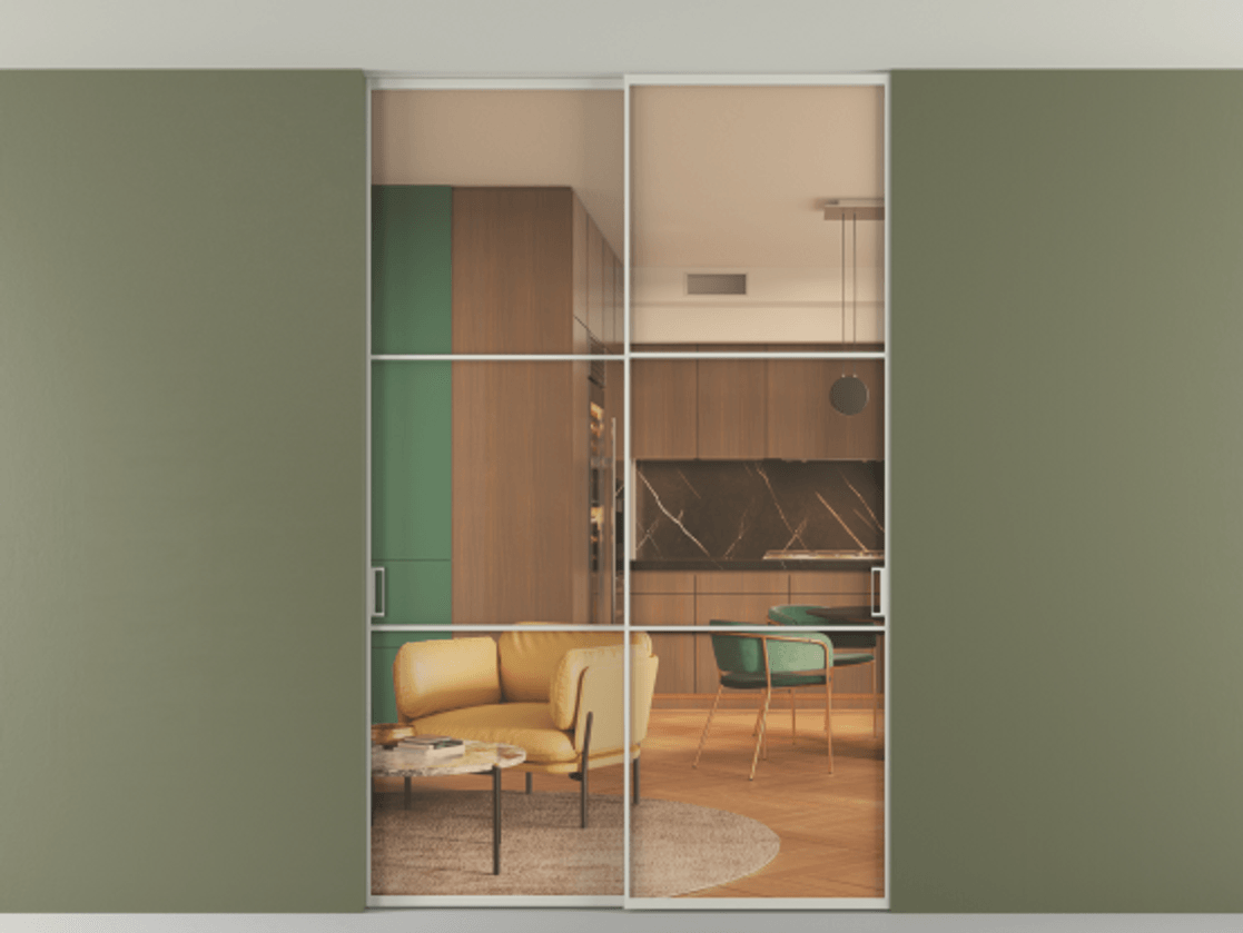 Перегородка Формато внутри проёма скрытое крепление в потолок 2 створки АЛПР 040.03 Алюминий тёплый серый Прозрачное оранжевое стекло, триплекс Цена 12900 AZE | Volhovec