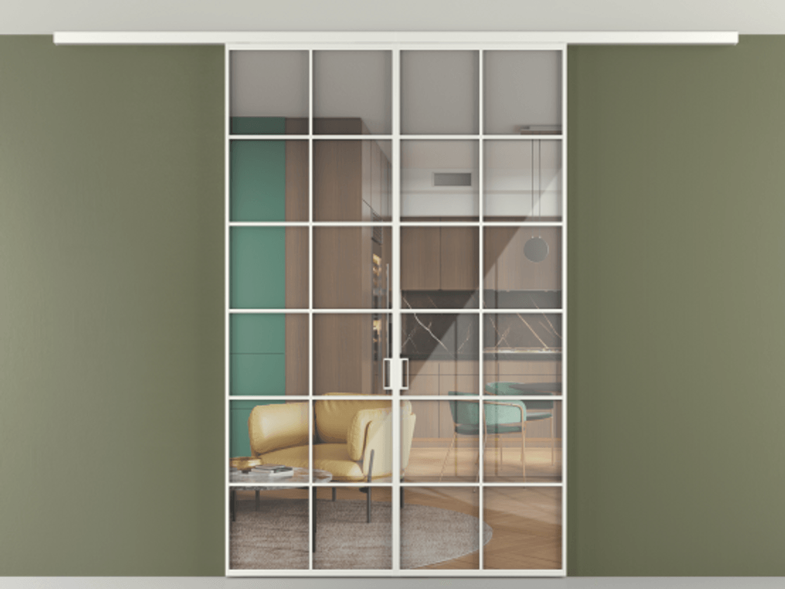 Перегородка Формато вдоль стены на потолок 2 створки АЛПР 040.05 Алюминий светло-серый Рефлективное прозрачное стекло "Стопсол", калёное Цена 1760720 AMD | Volhovec