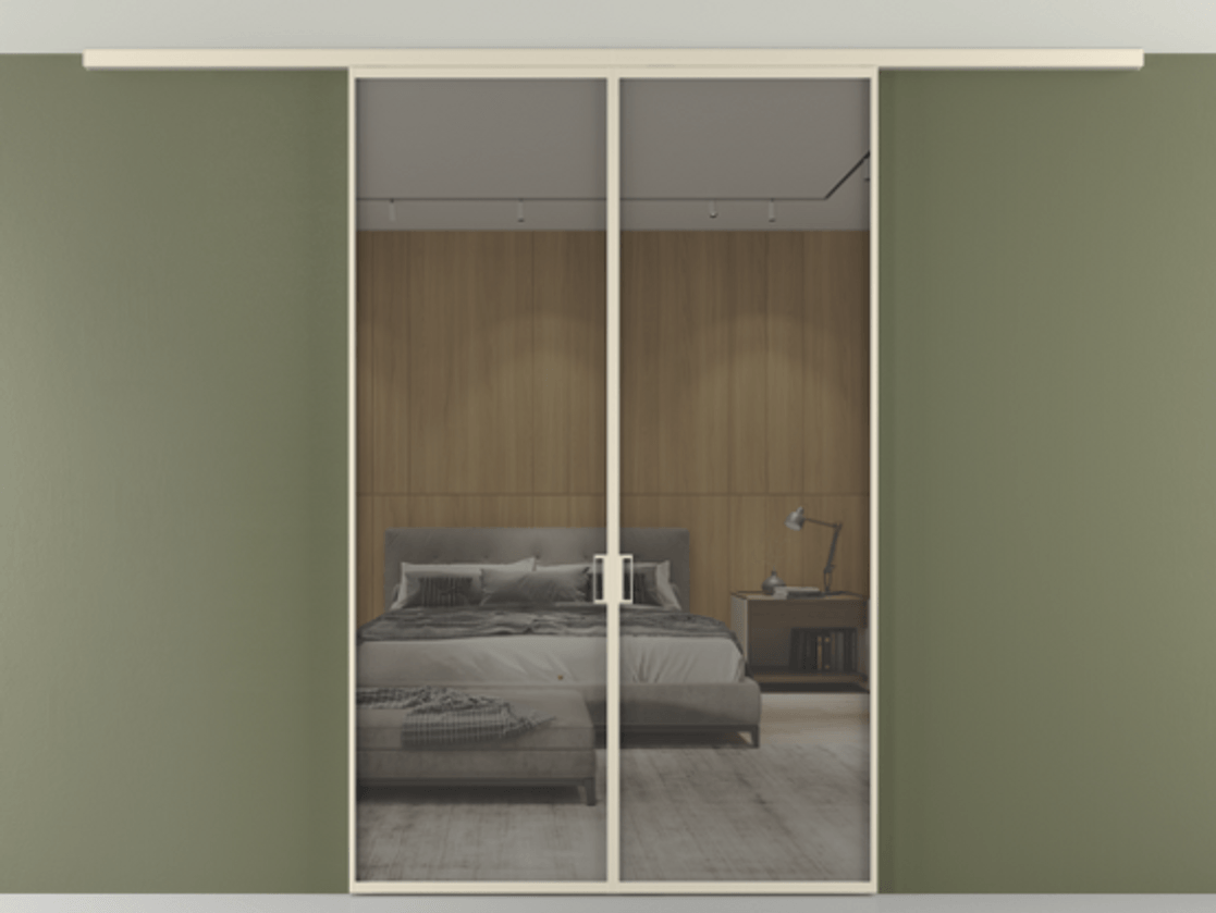 Перегородка Формато вдоль стены на потолок 2 створки АЛПР 040.01 Алюминий бежево-серый Рефлективное серое стекло "Стопсол", калёное Цена 12100 AZE | Volhovec