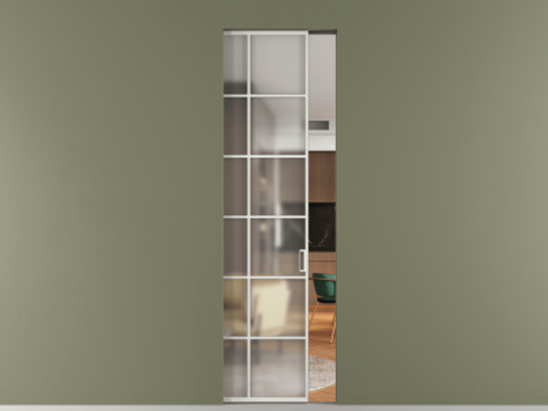 Перегородка Формато скрытый пенал 1 створка АЛПР 040.05 Алюминий светло-серый Сатинированное стекло "Мателюкс Кристал Вижн", калёное, матовое, каленое 6 мм Цена 8760 AZE | Volhovec