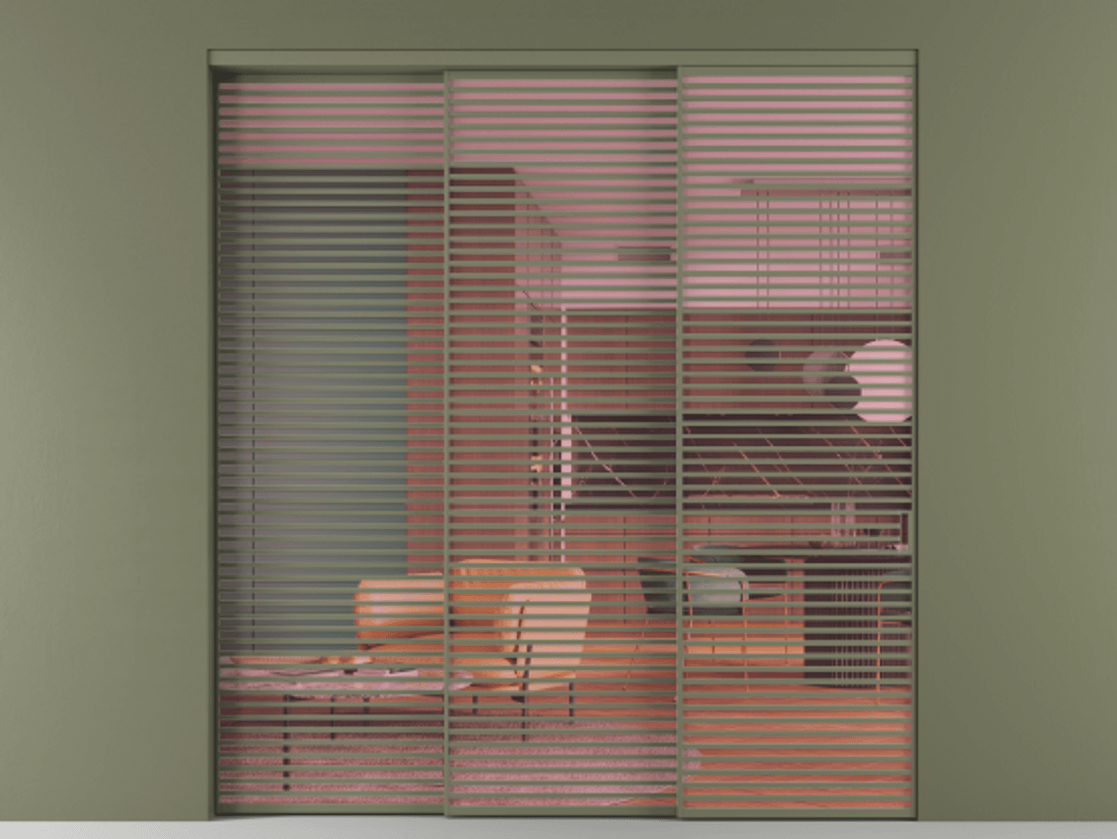 Перегородка Formato внутри проёма 3 створки с синхронным механизмом АЛПР 040.07 Алюминий оливковый тёмный Прозрачное розовое стекло, триплекс Цена 30200 AZE  | Volhovec