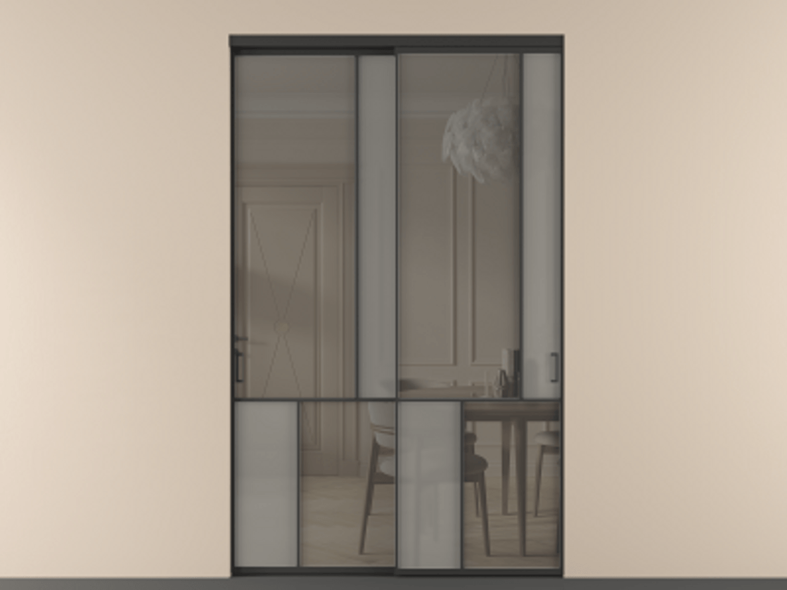 Перегородка Мозаик внутри проёма 2 створки АЛПР 041.21 Алюминий Черный Сатинированное серое стекло, триплекс, 6 мм + Прозрачное серое стекло, триплекс Цена 24530 AZE | Volhovec