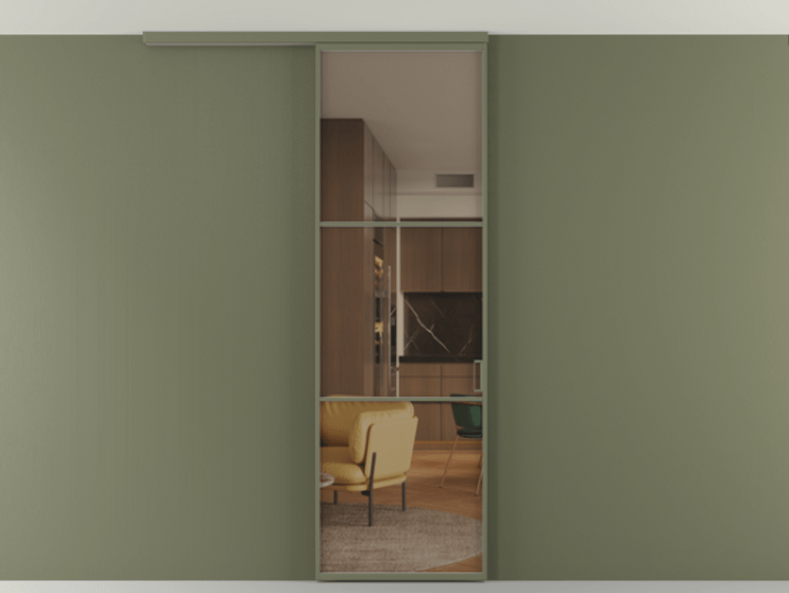 Перегородка Формато вдоль стены на потолок 1 створка АЛПР 040.03 Алюминий оливковый тёмный Прозрачное бронзовое стекло, триплекс Цена 5260 AZE | Volhovec