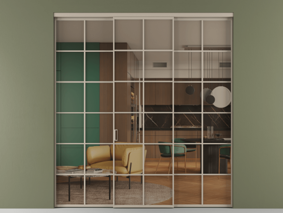 Перегородка Formato внутри проёма 3 створки АЛПР 040.05 Алюминий бисквитный Прозрачное бронзовое стекло, триплекс Цена 13280 AZE | Volhovec