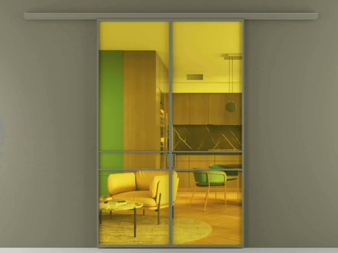 Перегородка Formato вдоль стены двустворчатая АЛПР 040.02 Алюминий оливковый тёмный Прозрачное жёлтое стекло, триплекс Цена 10600 AZE | Volhovec