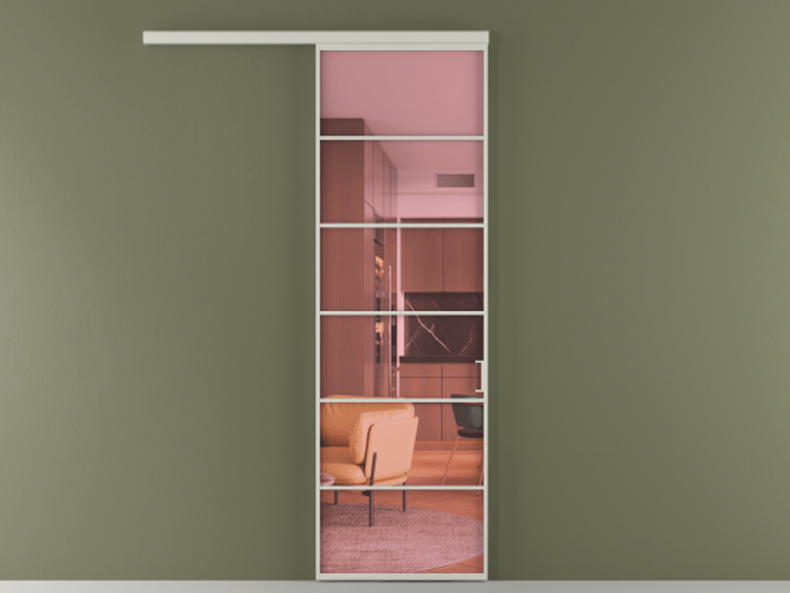 Перегородка Формато вдоль стены 1 створка АЛПР 040.04 Алюминий тёплый серый Прозрачное розовое стекло, триплекс Цена 5900 AZE  | Volhovec