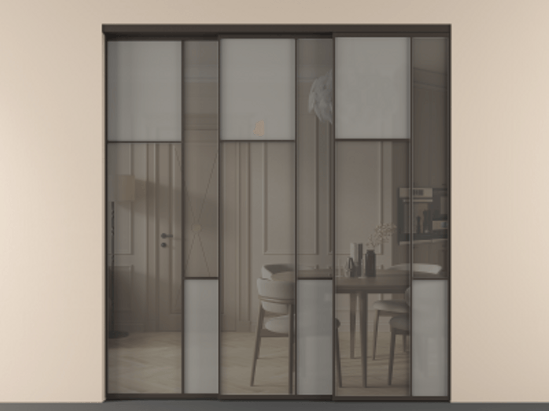 Перегородка Мозаик внутри проёма 3 створки с синхронным механизмом АЛПР 041.10 Алюминий антрацит Сатинированное серое стекло, триплекс, 6 мм + Прозрачное серое стекло, триплекс Цена 2949760 AMD | Volhovec