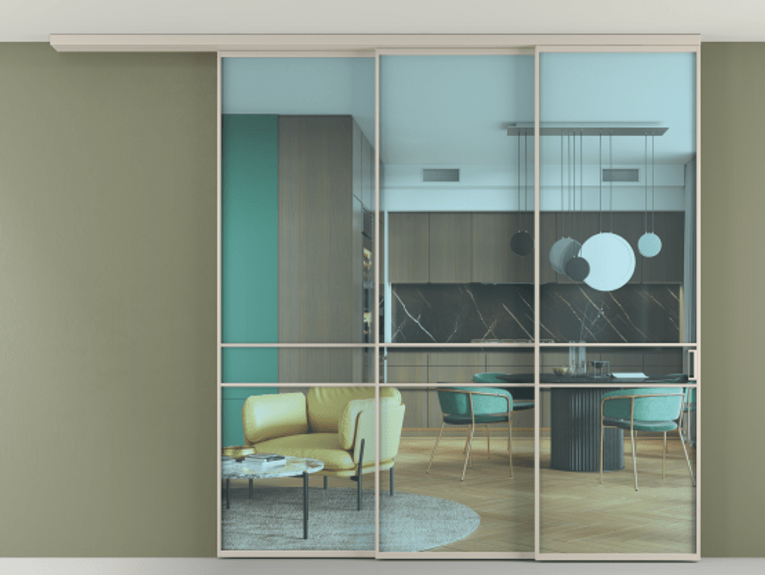 Перегородка Formato вдоль стены на потолок 3 створки с синхронным механизмом АЛПР 040.02 Алюминий светло-бежевый Прозрачное голубое стекло, триплекс Цена 396364 ₽ | Volhovec