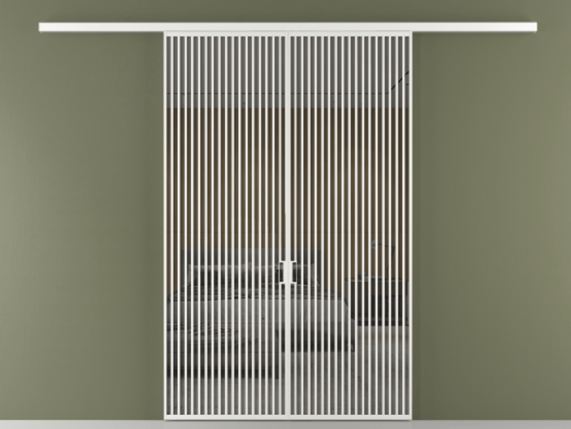 Перегородка Formato вдоль стены 2 створки АЛПР 040.06 Алюминий белоснежный Рефлективное серое стекло "Stopsol", калёное Цена 23200 AZE | Volhovec