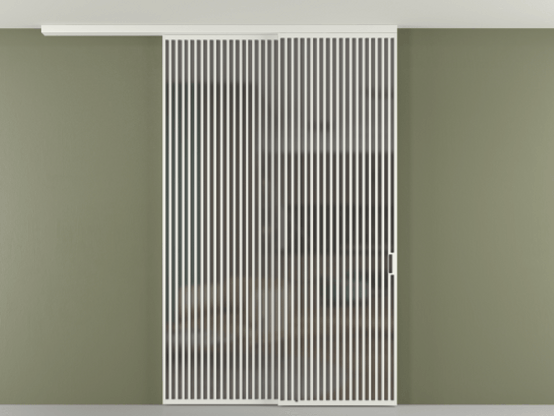 Перегородка Формато вдоль стены на потолок 2 створки с синхронным механизмом АЛПР 040.06 Алюминий светло-серый Сатинированное серое стекло, триплекс Цена 27450 AZE | Volhovec