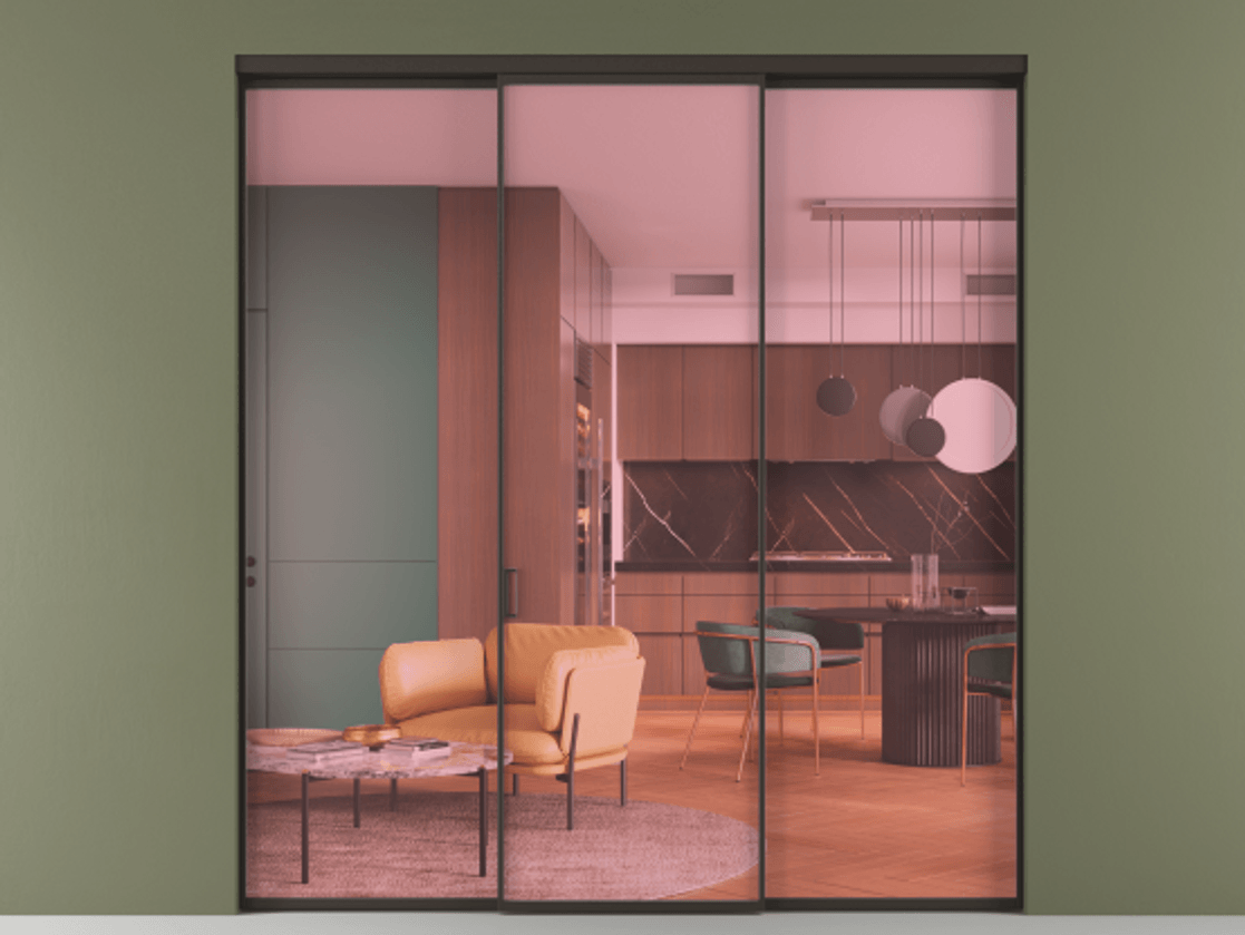 Перегородка Формато внутри проёма 3 створки АЛПР 040.01 Алюминий антрацит Прозрачное розовое стекло, триплекс Цена 11700 AZE | Volhovec