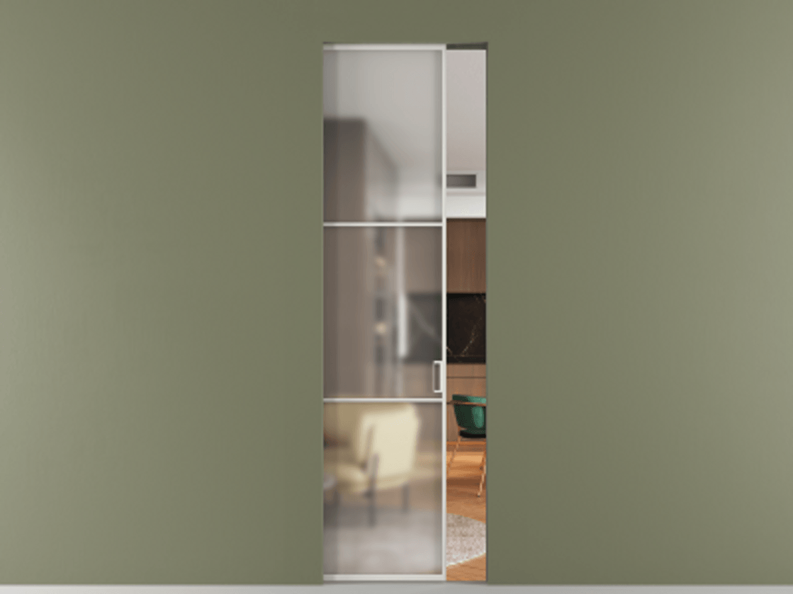 Перегородка Формато скрытый пенал 1 створка АЛПР 040.03 Алюминий серый Сатинированное стекло "Мателюкс Кристал Вижн", калёное, матовое, каленое 6 мм Цена 8430 AZE | Volhovec