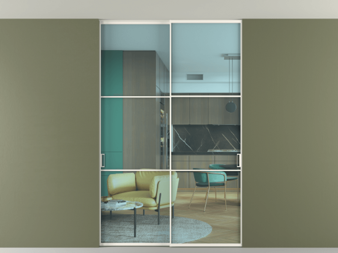 Перегородка Формато внутри проёма скрытое крепление в потолок 2 створки АЛПР 040.03 Алюминий пудровый белый Прозрачное голубое стекло, триплекс Цена 12900 AZE | Volhovec