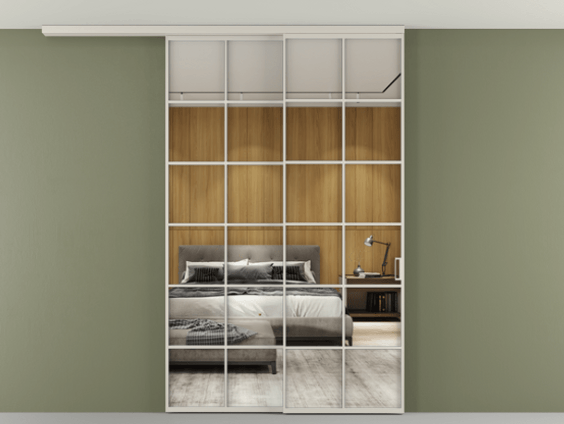 Перегородка Формато вдоль стены на потолок 2 створки с синхронным механизмом АЛПР 040.05 Алюминий облачно-серый Двустороннее зеркало, триплекс , триплекс 6 мм Цена 15210 AZE | Volhovec