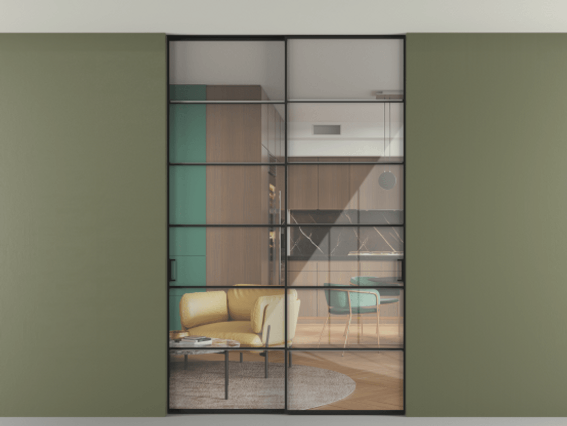 Перегородка Formato внутри проёма скрытое крепление в потолок 2 створки АЛПР 040.04 Алюминий Черный Рефлективное прозрачное стекло "Stopsol", калёное Цена 16361 AZE | Volhovec