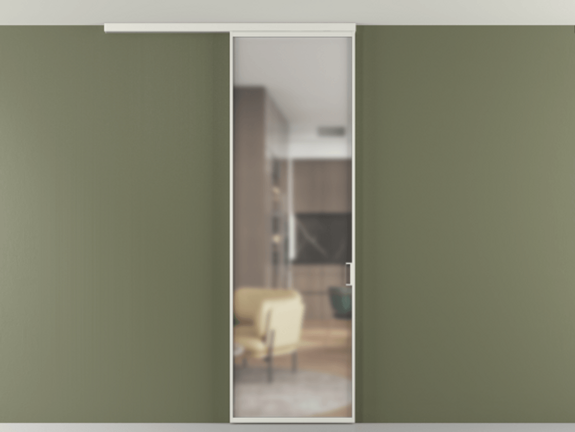 Перегородка Формато вдоль стены на потолок 1 створка АЛПР 040.01 Алюминий серый Сатинированное стекло "Мателюкс Кристал Вижн", калёное, матовое, каленое 6 мм Цена 6230 AZE | Volhovec