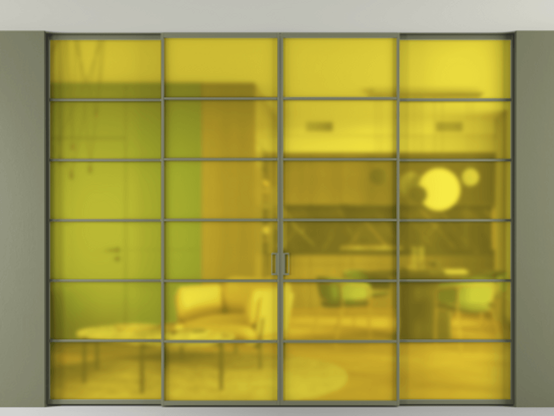 Перегородка Formato внутри проёма скрытое крепление в потолок 4 створки АЛПР 040.04 Алюминий оливковый тёмный Сатинированное жёлтое стекло, триплекс Цена 24300 AZE | Volhovec