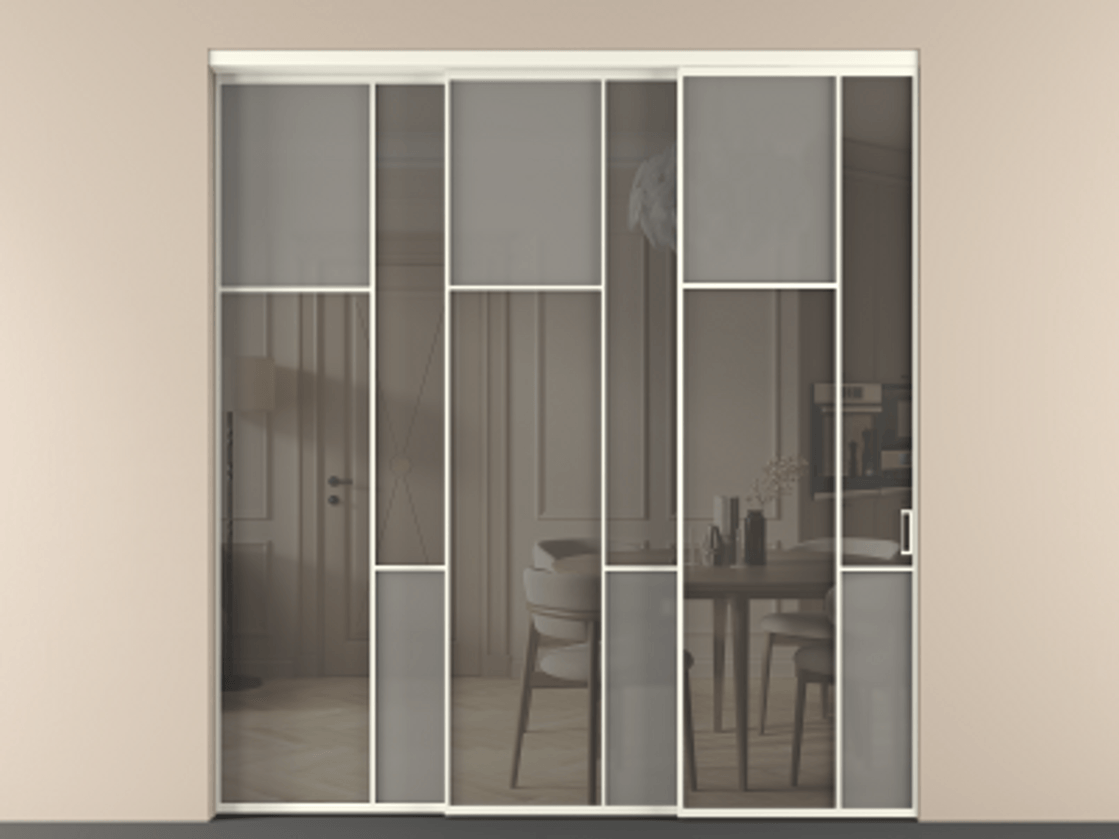 Перегородка Мозаик внутри проёма 3 створки с синхронным механизмом АЛПР 041.10 Алюминий жемчужный Сатинированное серое стекло, триплекс, 6 мм + Прозрачное серое стекло, триплекс Цена 22800 AZE | Volhovec