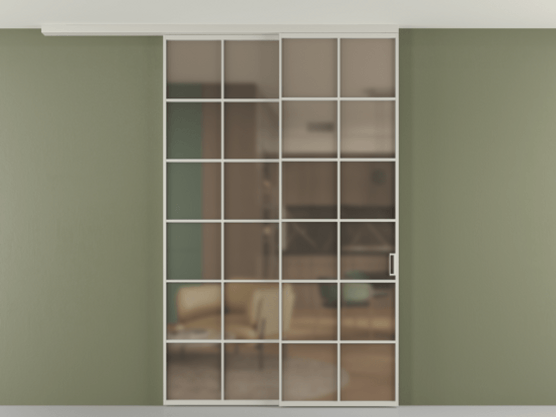 Перегородка Формато вдоль стены на потолок 2 створки с синхронным механизмом АЛПР 040.05 Алюминий тёплый серый Сатинированное бронзовое стекло, триплекс Цена 15820 AZE | Volhovec