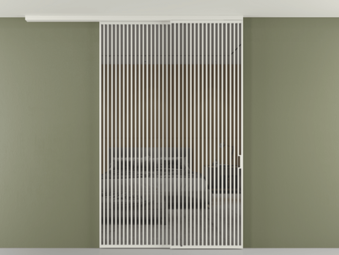 Перегородка Формато вдоль стены на потолок 2 створки с синхронным механизмом АЛПР 040.06 Алюминий серый Рефлективное серое стекло "Стопсол", калёное Цена 24150 AZE | Volhovec