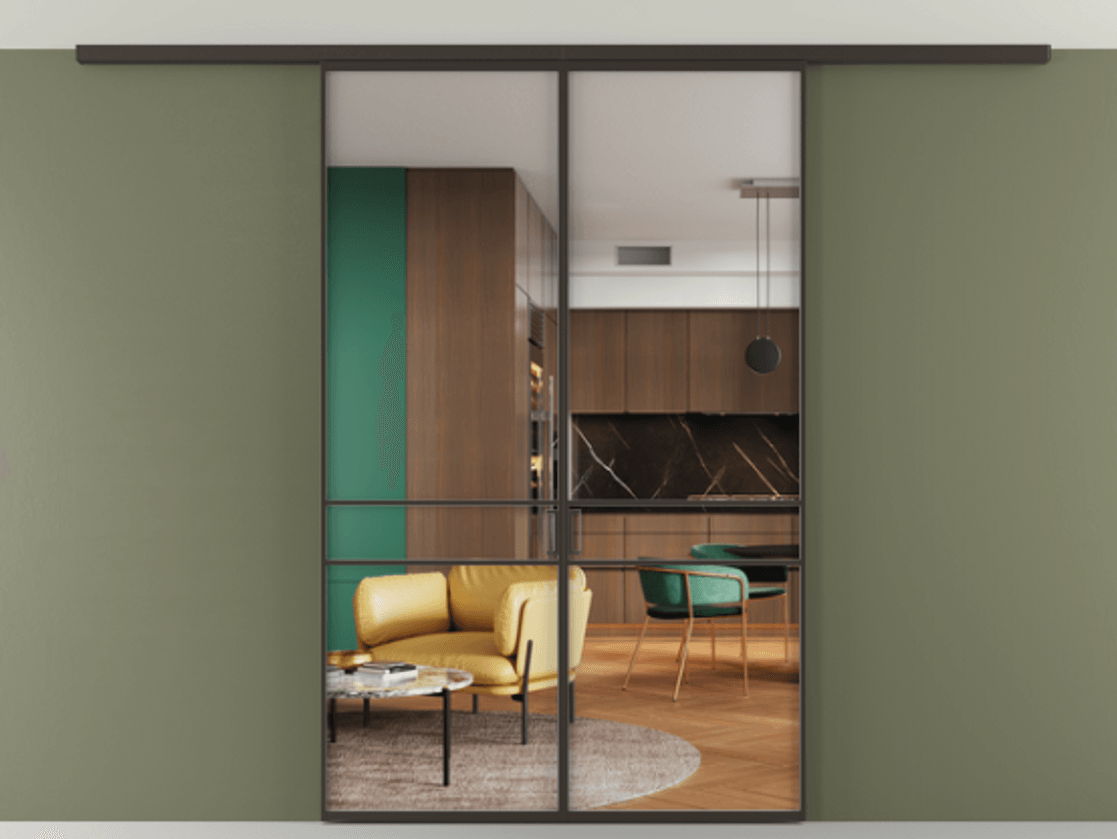 Перегородка Формато вдоль стены на потолок 2 створки АЛПР 040.02 Алюминий антрацит Прозрачное стекло "Кристал Вижн", калёное Цена 10830 AZE | Volhovec