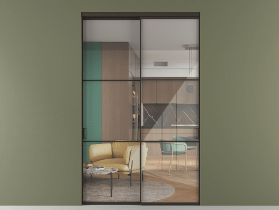 Перегородка Формато внутри проёма 2 створки АЛПР 040.03 Алюминий антрацит Рефлективное прозрачное стекло "Стопсол", калёное Цена 24930 AZE  | Volhovec