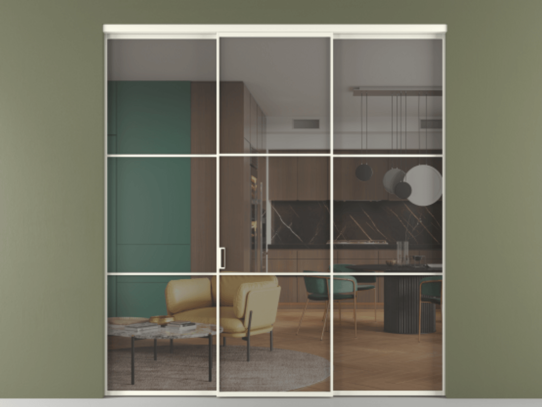 Перегородка Формато внутри проёма 3 створки АЛПР 040.03 Алюминий жемчужный Прозрачное серое стекло, триплекс Цена 12370 AZE | Volhovec