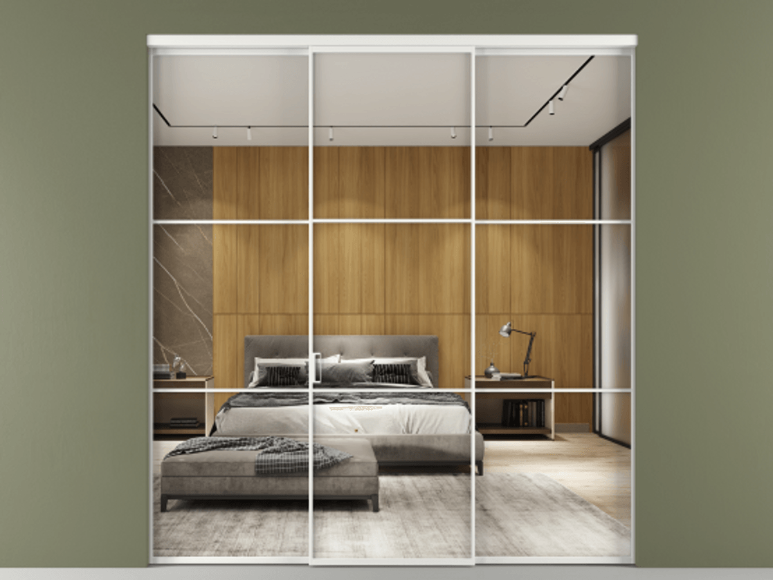 Перегородка Формато внутри проёма 3 створки АЛПР 040.03 Алюминий белоснежный Двустороннее зеркало, триплекс , триплекс 6 мм Цена 12370 AZE | Volhovec