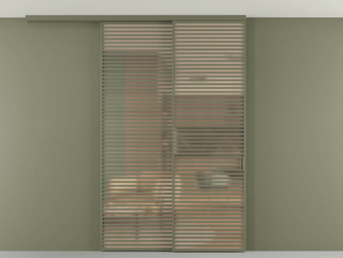 Перегородка Формато вдоль стены на потолок 2 створки с синхронным механизмом АЛПР 040.07 Алюминий оливковый тёмный Сатинированное оранжевое стекло, триплекс Цена 23500 AZE | Volhovec