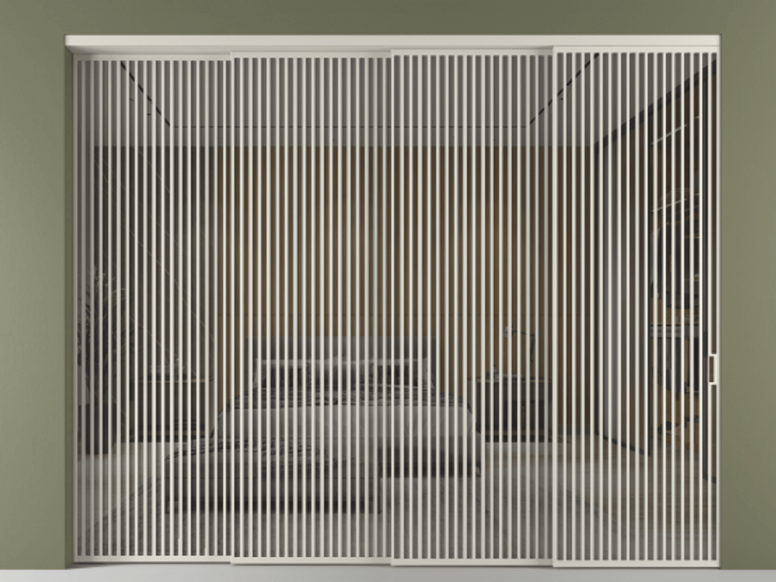 Перегородка Формато внутри проёма 4 створки с синхронным механизмом АЛПР 040.06 Алюминий тёплый серый Рефлективное серое стекло "Стопсол", калёное Цена 41850 AZE | Volhovec