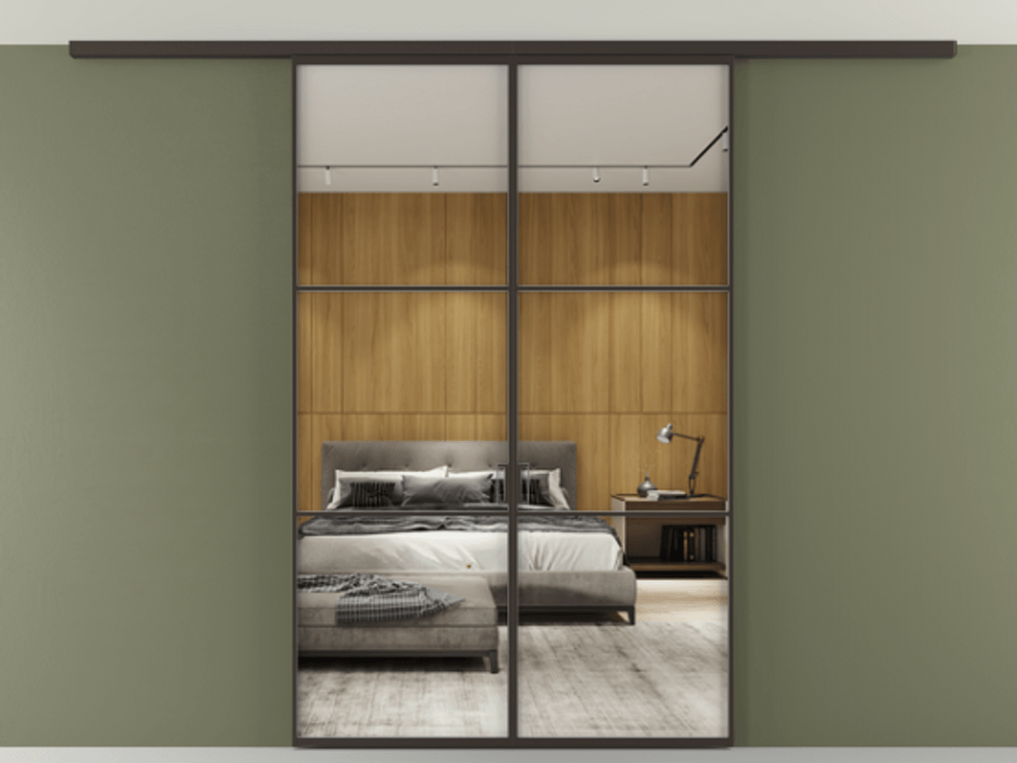 Перегородка Формато вдоль стены на потолок 2 створки АЛПР 040.03 Алюминий антрацит Двустороннее зеркало, триплекс , триплекс 6 мм Цена 11880 AZE | Volhovec