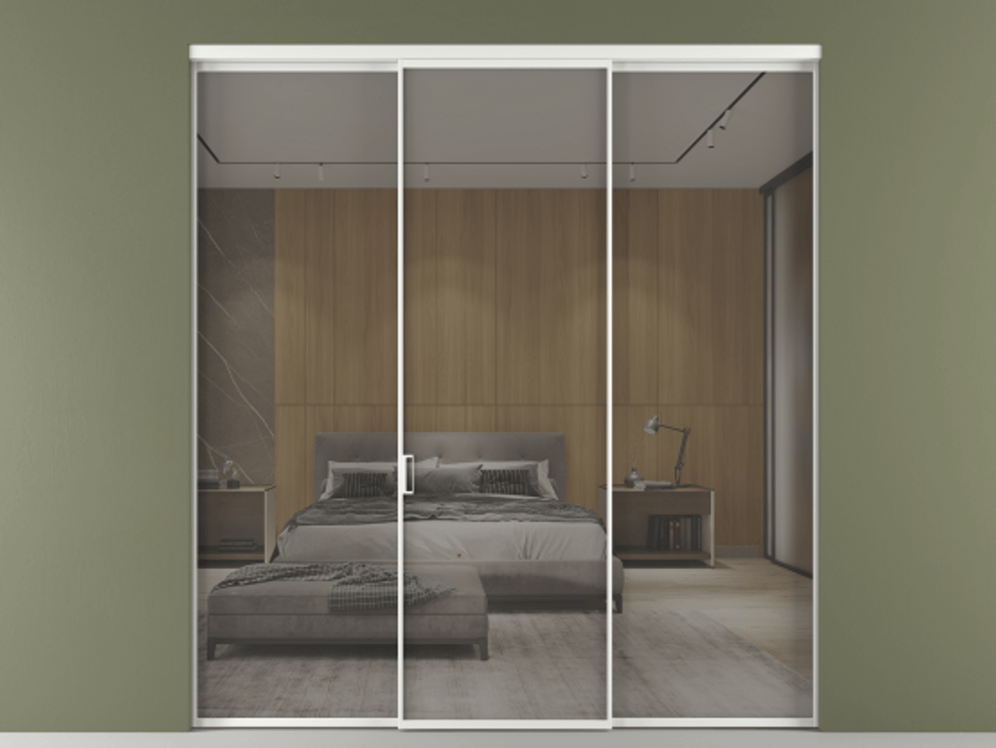 Перегородка Формато внутри проёма 3 створки АЛПР 040.01 Алюминий белоснежный Рефлективное серое стекло "Стопсол", калёное Цена 15710 AZE | Volhovec