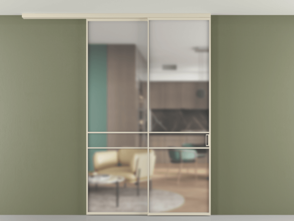 Перегородка Формато вдоль стены на потолок 2 створки с синхронным механизмом АЛПР 040.02 Алюминий бежево-серый Сатинированное стекло "Мателюкс Кристал Вижн", калёное, матовое, каленое 6 мм Цена 476140 сом | Volhovec