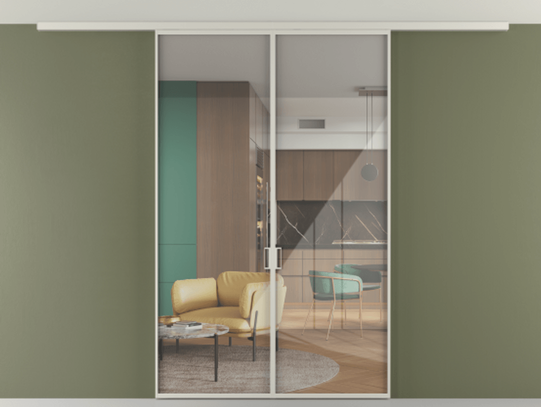 Перегородка Формато вдоль стены на потолок 2 створки АЛПР 040.01 Алюминий тёплый серый Рефлективное прозрачное стекло "Стопсол", калёное Цена 12100 AZE | Volhovec