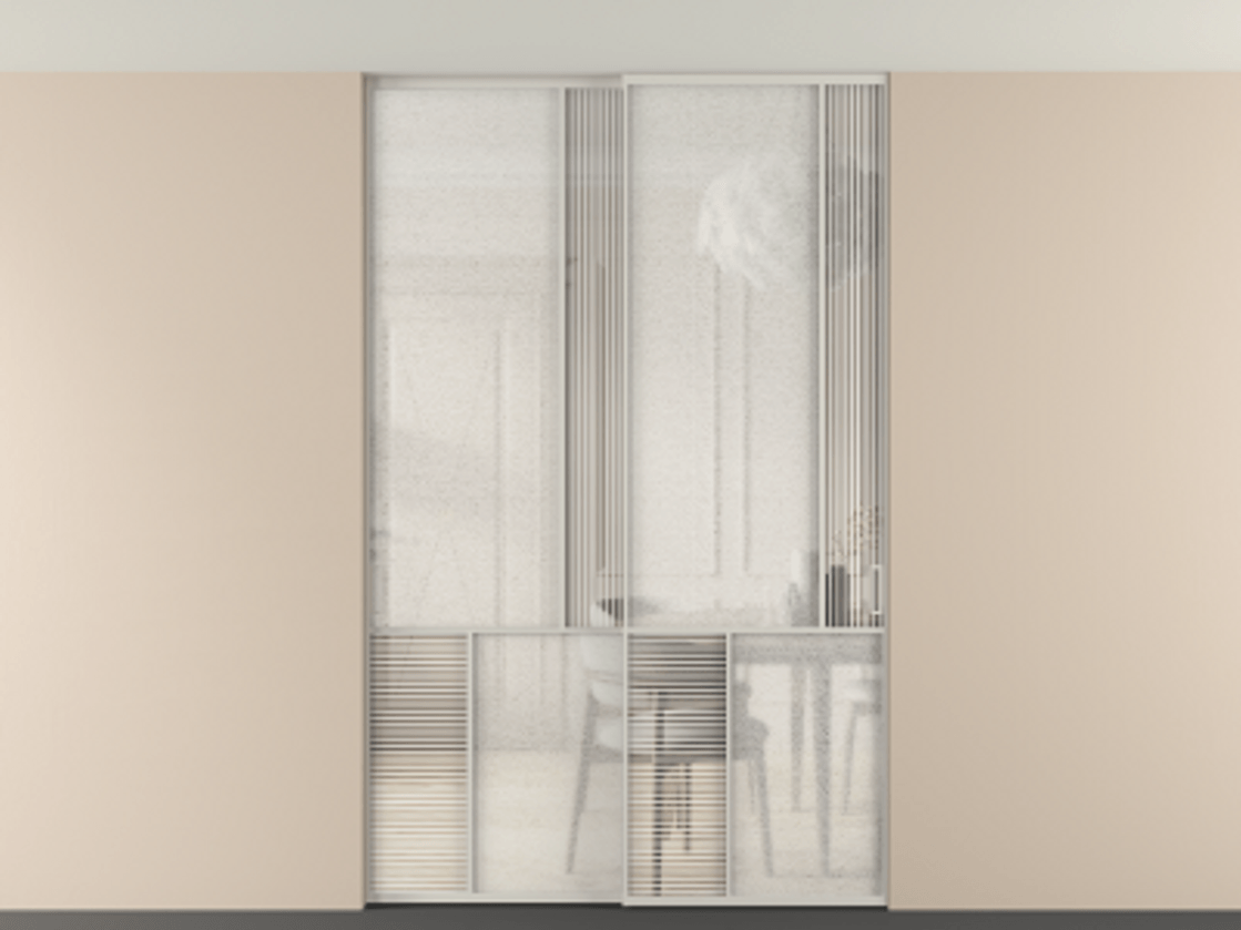 Перегородка Мозаик внутри проёма скрытое крепление в потолок 2 створки АЛПР 041.21 Алюминий тёплый серый Рифлёное стекло "Дюна", триплекс, 6 мм + Фактурное стекло "Лёд", триплекс. Цена 17750 AZE . Фабрика дверей Волховец 8 (800) 551 43 19 Перегородка Мозаик внутри проёма скрытое крепление в потолок 2 створки АЛПР 041.21 Алюминий тёплый серый Рифлёное стекло "Дюна", триплекс, 6 мм + Фактурное стекло "Лёд", триплекс Цена 17750 AZE | Volhovec