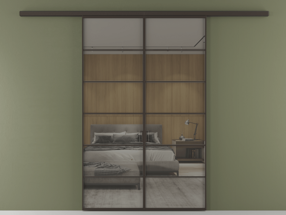 Перегородка Formato вдоль стены 2 створки АЛПР 040.04 Алюминий антрацит Рефлективное серое стекло "Stopsol", калёное Цена 13790 AZE | Volhovec