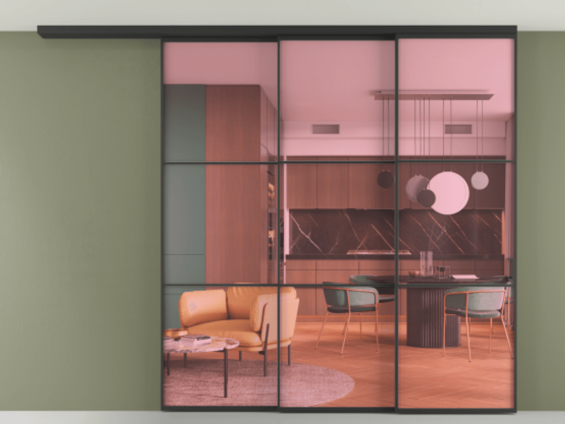 Перегородка Formato вдоль стены на потолок 3 створки с синхронным механизмом АЛПР 040.03 Алюминий Черный Прозрачное розовое стекло, триплекс Цена 19700 AZE | Volhovec