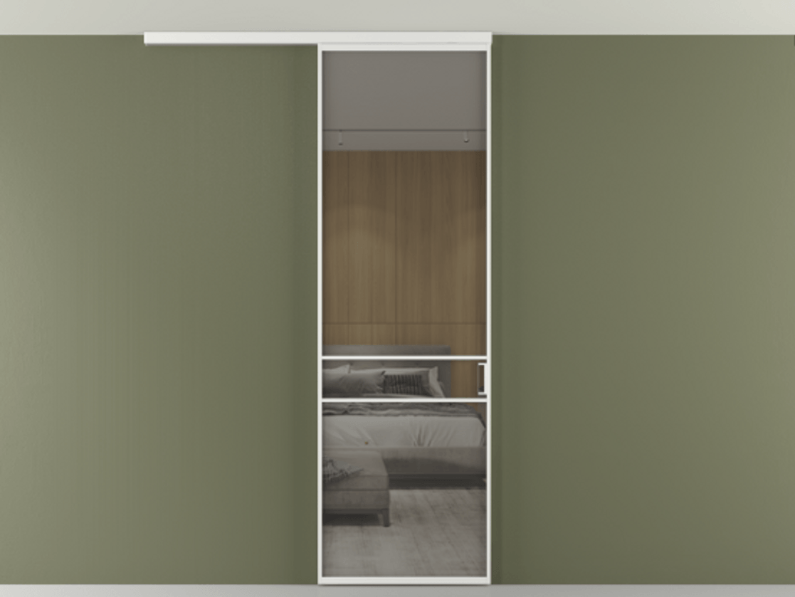 Перегородка Формато вдоль стены на потолок 1 створка АЛПР 040.02 Алюминий белоснежный Рефлективное серое стекло "Стопсол", калёное Цена 6540 AZE | Volhovec