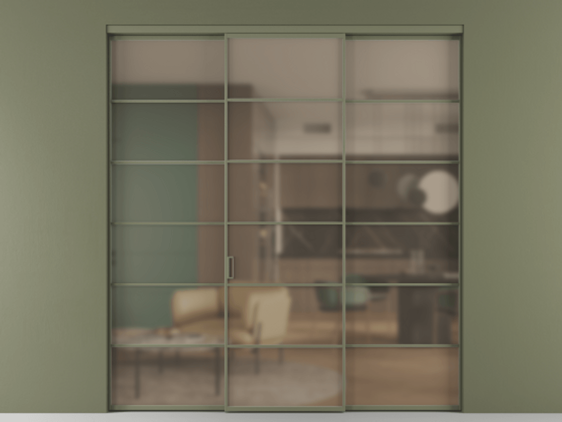 Перегородка Формато внутри проёма 3 створки АЛПР 040.04 Алюминий оливковый тёмный Сатинированное бронзовое стекло, триплекс Цена 13280 AZE | Volhovec