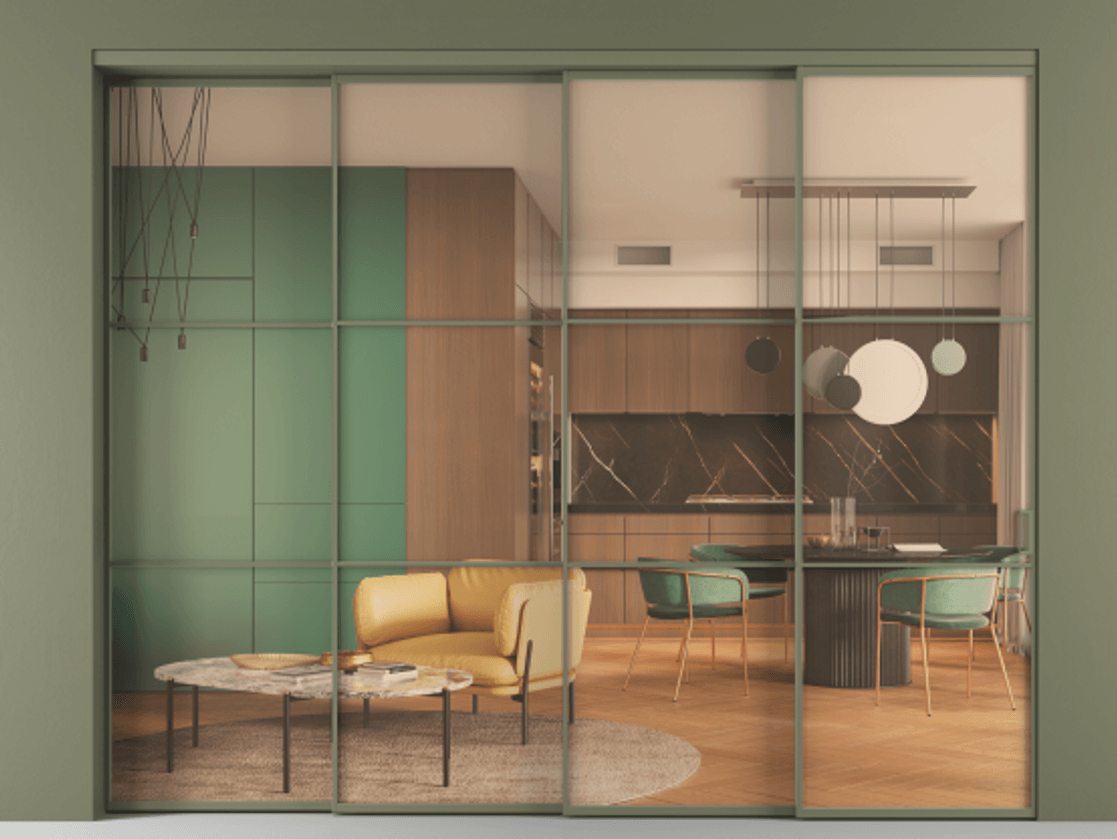 Перегородка Формато внутри проёма 4 створки с синхронным механизмом АЛПР 040.03 Алюминий оливковый тёмный Прозрачное оранжевое стекло, триплекс Цена 24200 AZE | Volhovec