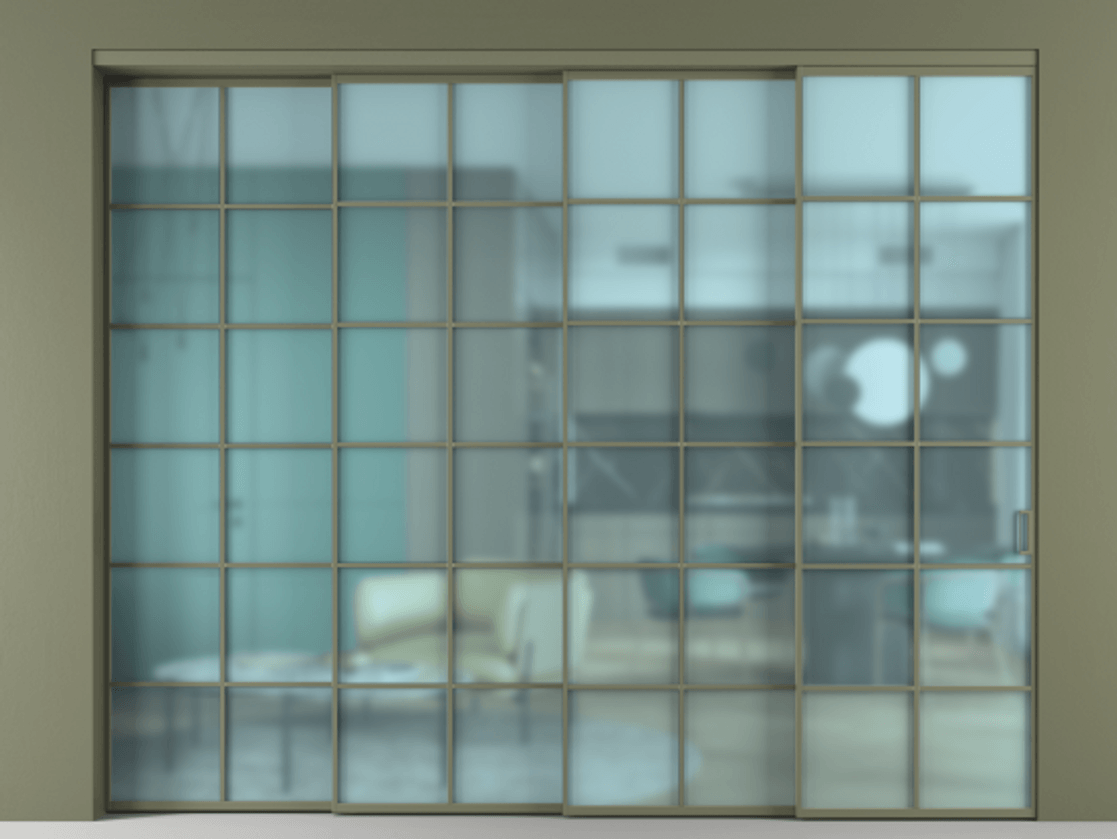 Перегородка Formato внутри проёма 4 створки с синхронным механизмом АЛПР 040.05 Алюминий оливковый тёмный Сатинированное голубое стекло, триплекс Цена 25500 AZE | Volhovec