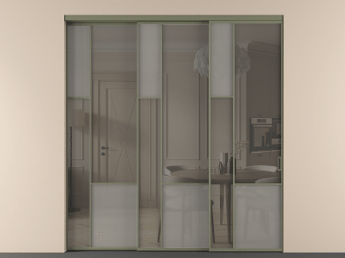 Перегородка Мозаик внутри проёма 3 створки с синхронным механизмом АЛПР 041.13 Алюминий оливковый тёмный Сатинированное серое стекло, триплекс, 6 мм + Прозрачное серое стекло, триплекс Цена 22800 AZE | Volhovec